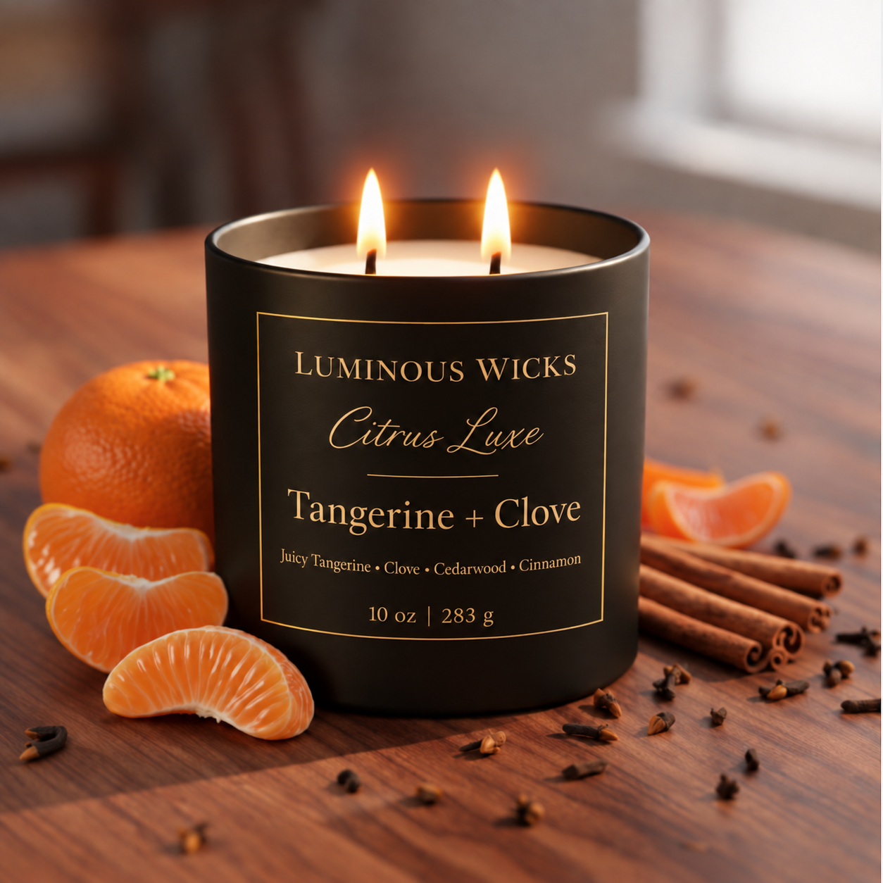 Luminous Wicks Tangerine and Clove 10-ounce candle with two lit wicks