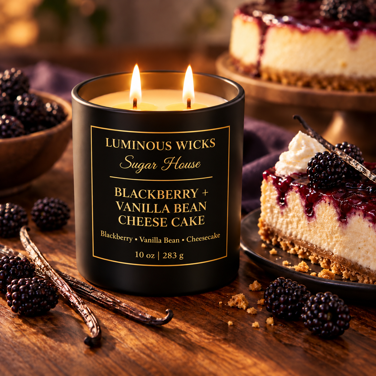 Luminous Wicks Blackberry and Vanilla Bean Cheesecake 10 oz candle with two lit wicks in a matte black jar.