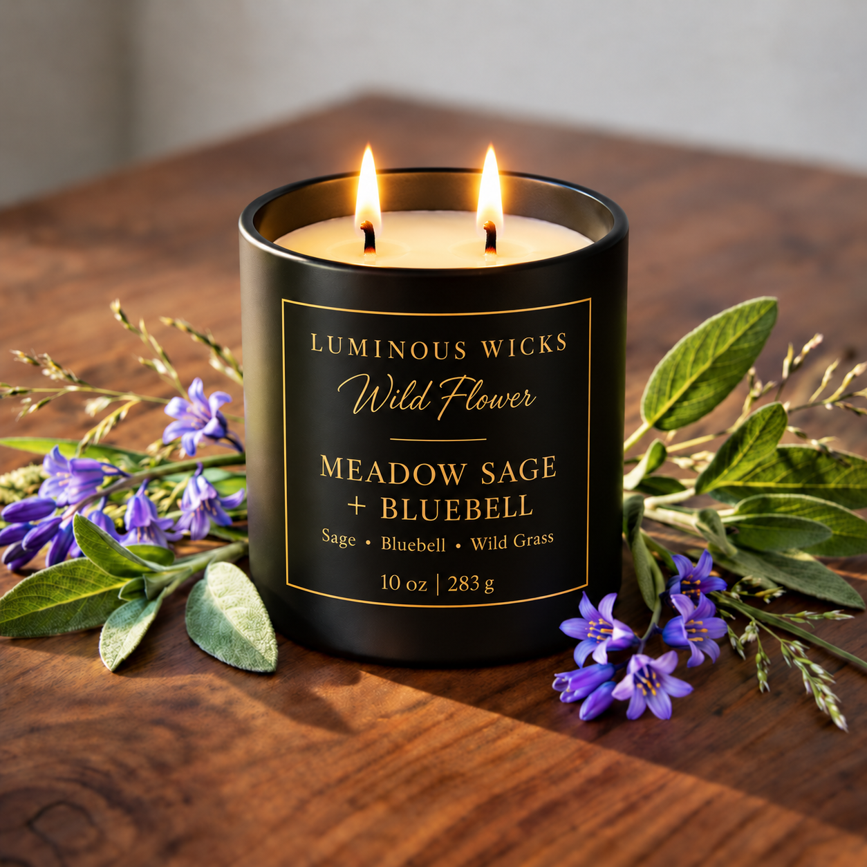 Luminous Wicks Meadow Sage & Bluebell 10oz Candle with two lit wicks