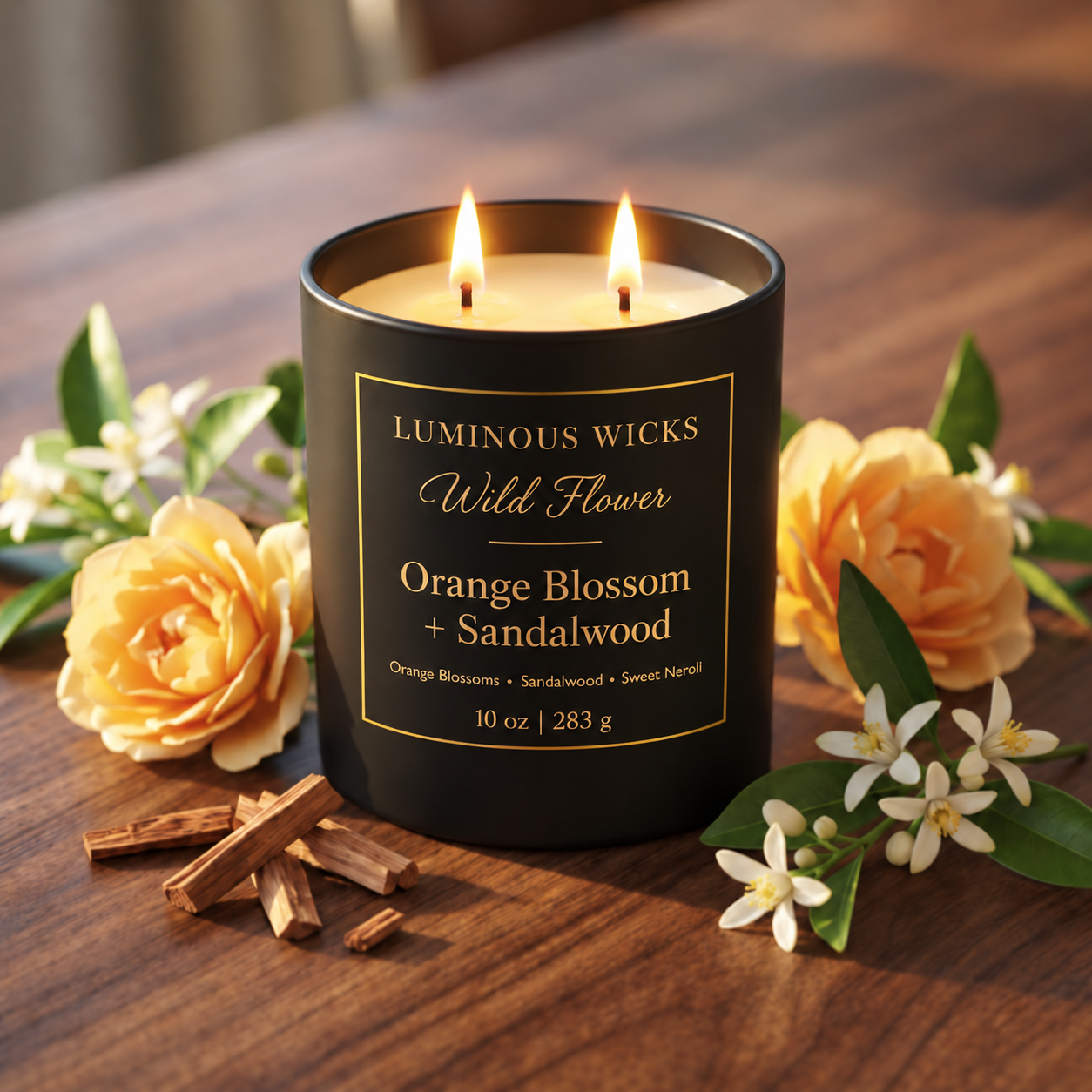 Luminous Wicks Orange Blossom & Sandalwood 10oz Candle with two lit wicks