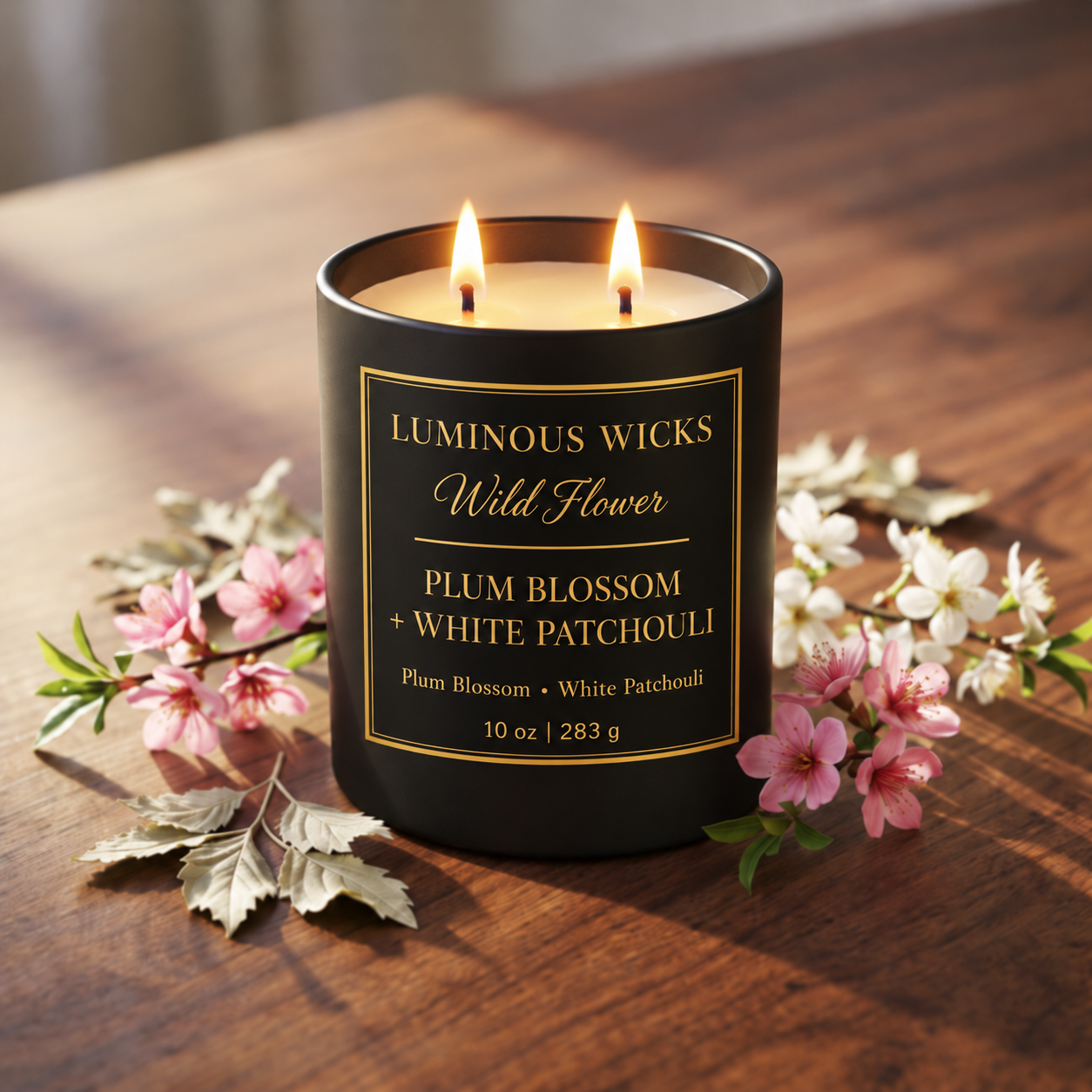 Luminous Wicks Plum Blossom & White Patchouli 10oz Candle with two lit wicks