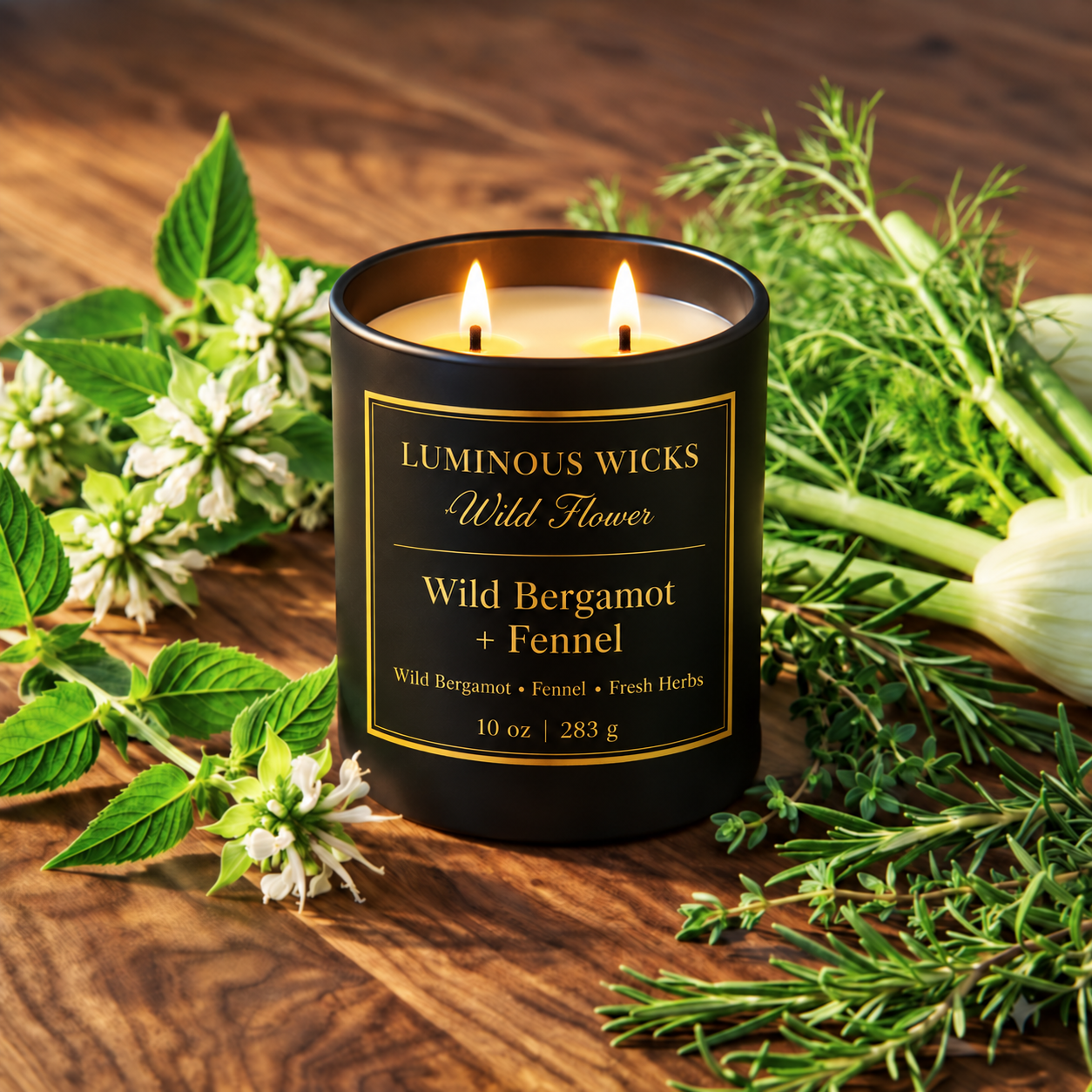 Luminous Wicks Wild Bergamot & Fennel 10oz Candle with two lit wicks