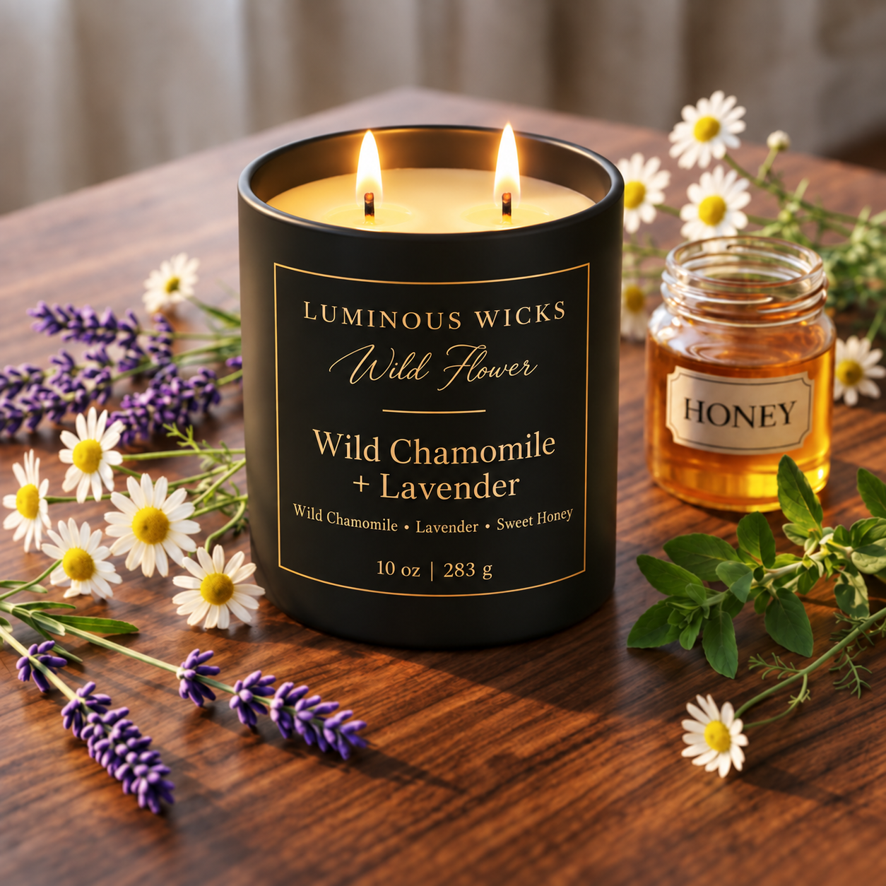 Luminous Wicks Wild Chamomile and Lavender 10oz Candle with two lit wicks