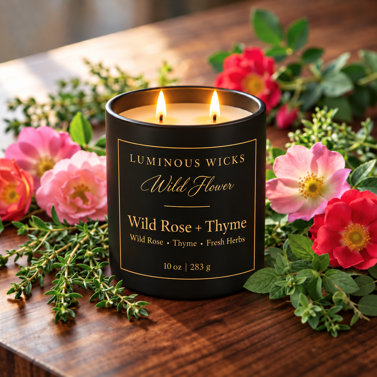 Luminous Wicks Wild Rose & Thyme 10oz Candle with two lit wicks
