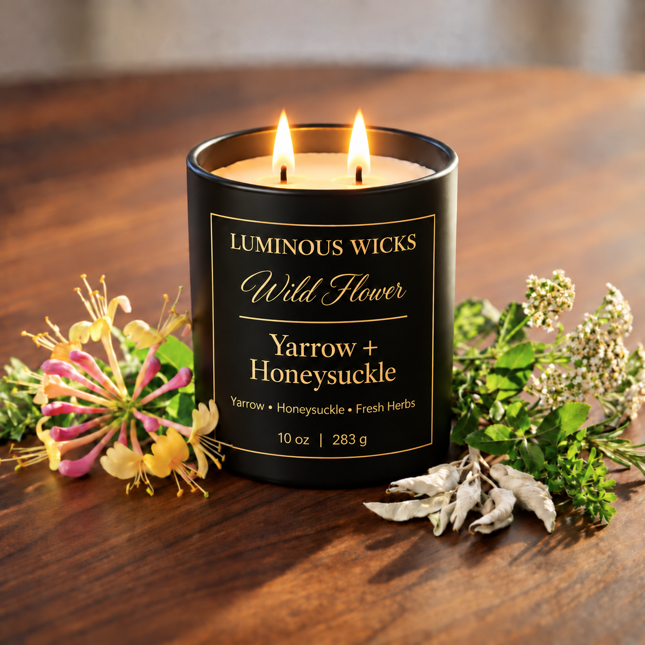 Luminous Wicks Yarrow & Honeysuckle 10oz Candle with two lit wicks