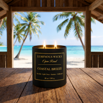 Luminous Wicks Coastal Breeze 10 oz candle with two lit wicks