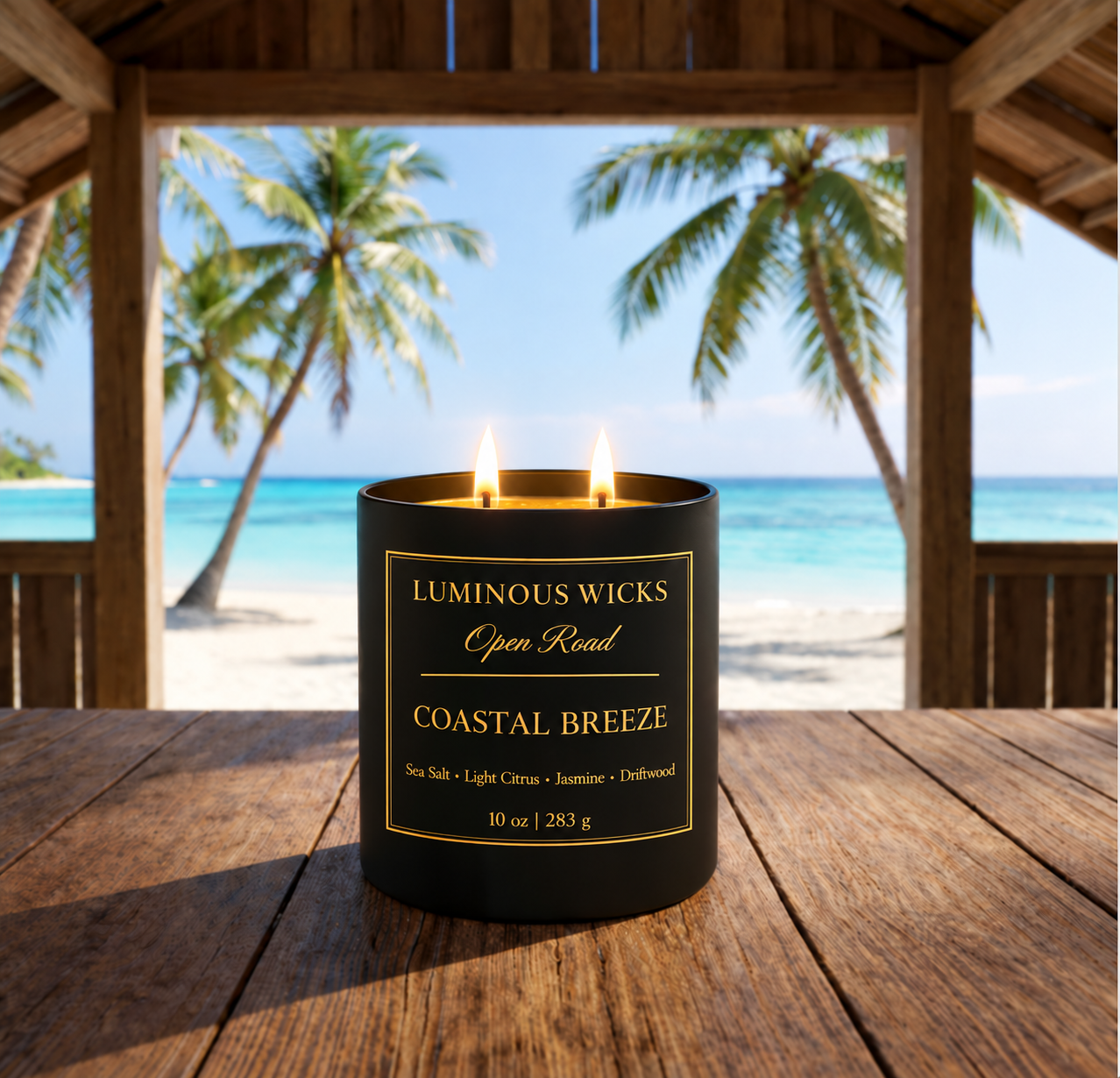 Luminous Wicks Coastal Breeze 10 oz candle with two lit wicks