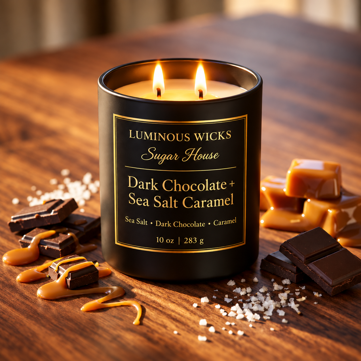 Luminous Wicks Dark Chocolate & Sea Salt Caramel 10 oz candle with two lit wicks in a matte black jar