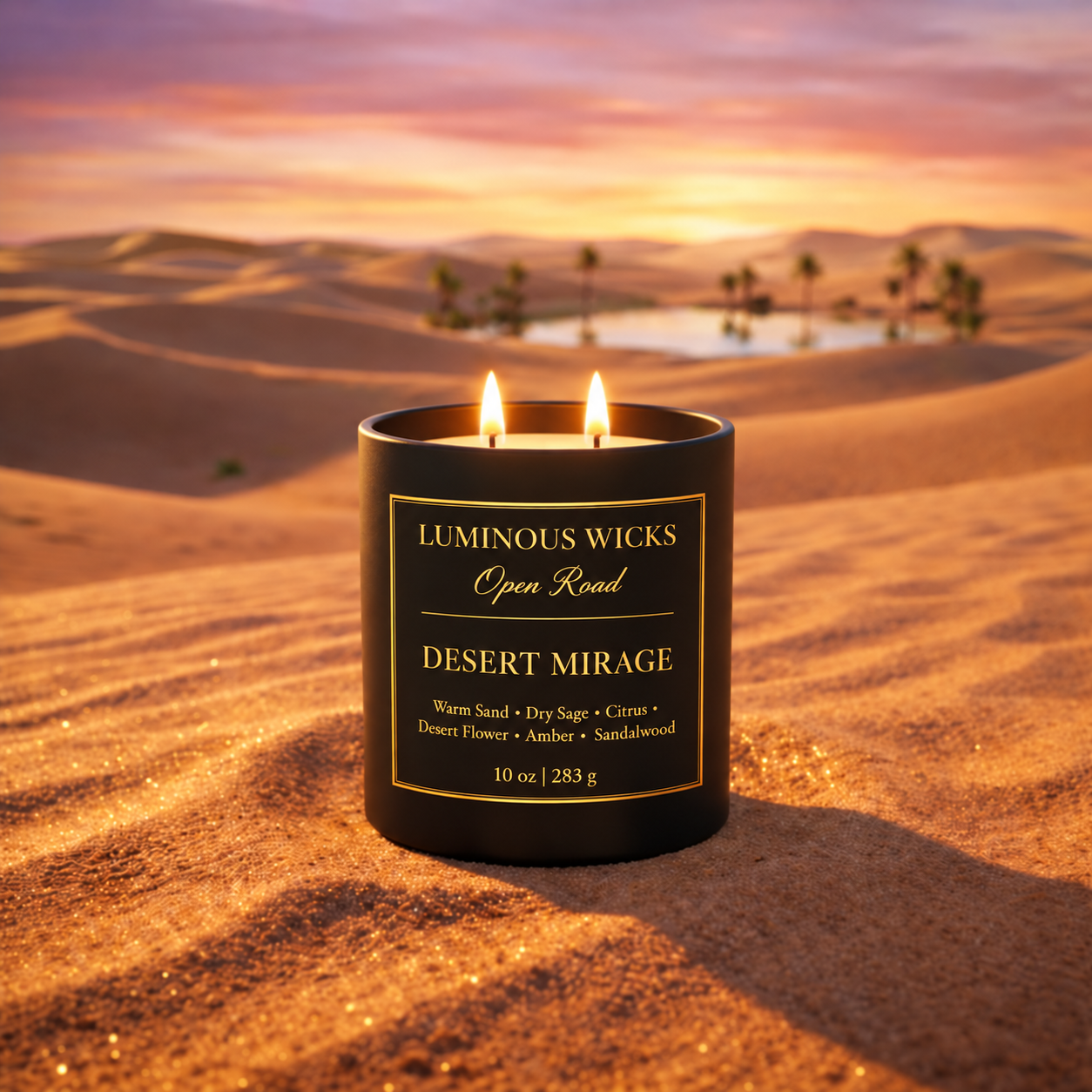 Luminous Wicks Open Road Desert Mirage 10 oz candle with two lit wicks