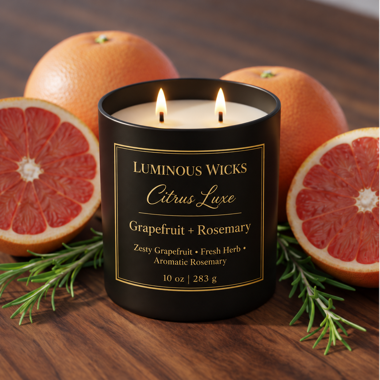 Luminous Wicks Grapefruit and Rosemary 10 oz candle with two lit wicks