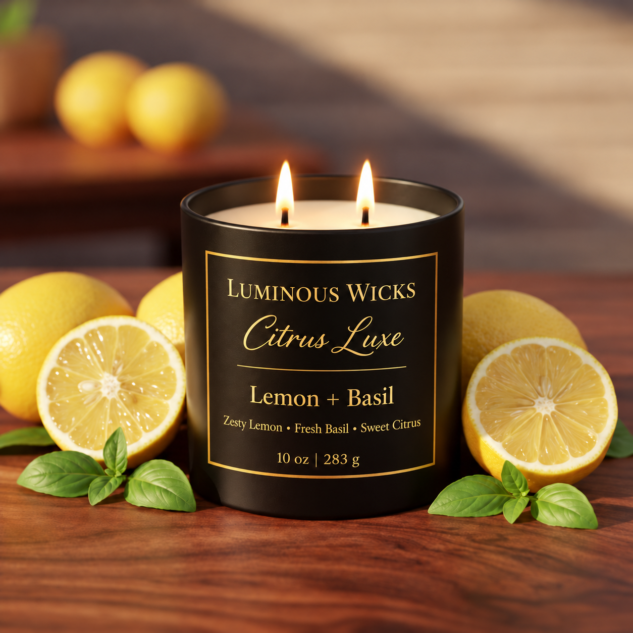 Luminous Wicks Lemon and Basil 10 oz candle with two lit wicks