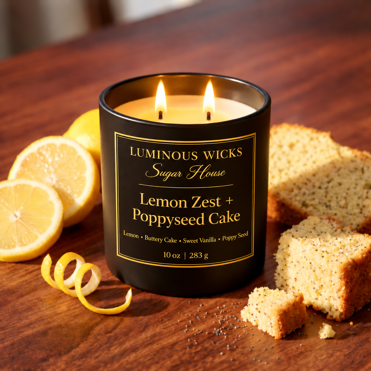 Luminous Wicks Lemon Zest and Poppyseed Cake 10 oz candle with two lit wicks