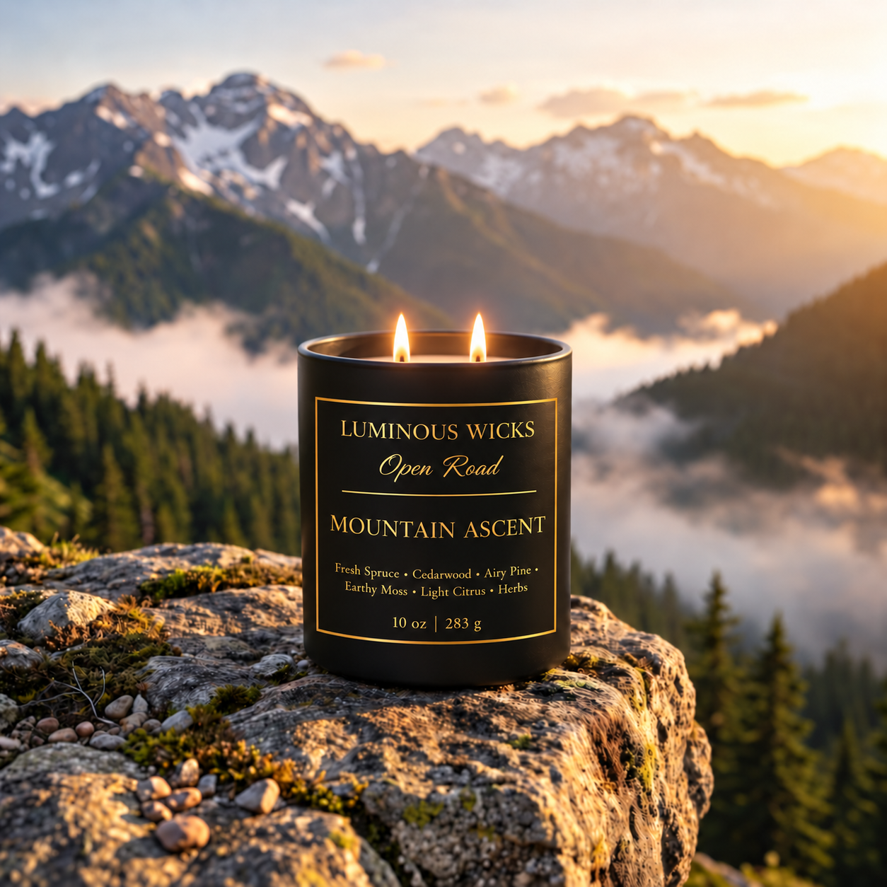 Luminous Wicks Mountain Ascent 10 oz candle with two lit wicks in a mountain landscape