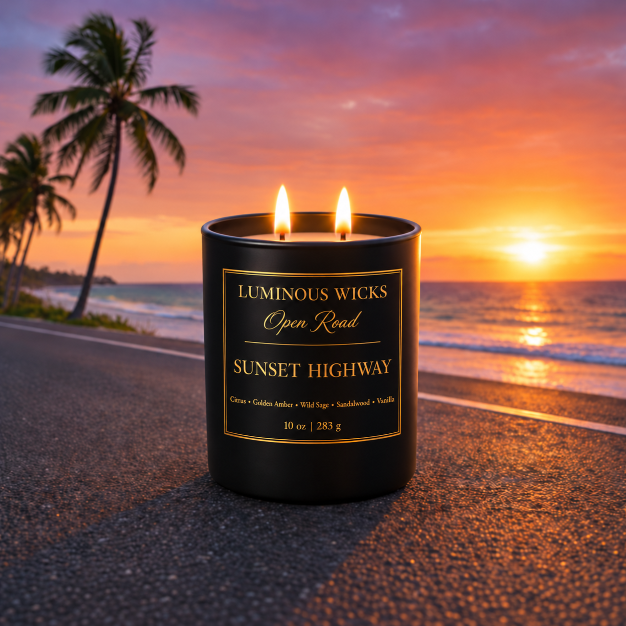 Luminous Wicks Sunset Highway 10 oz candle with two lit wicks