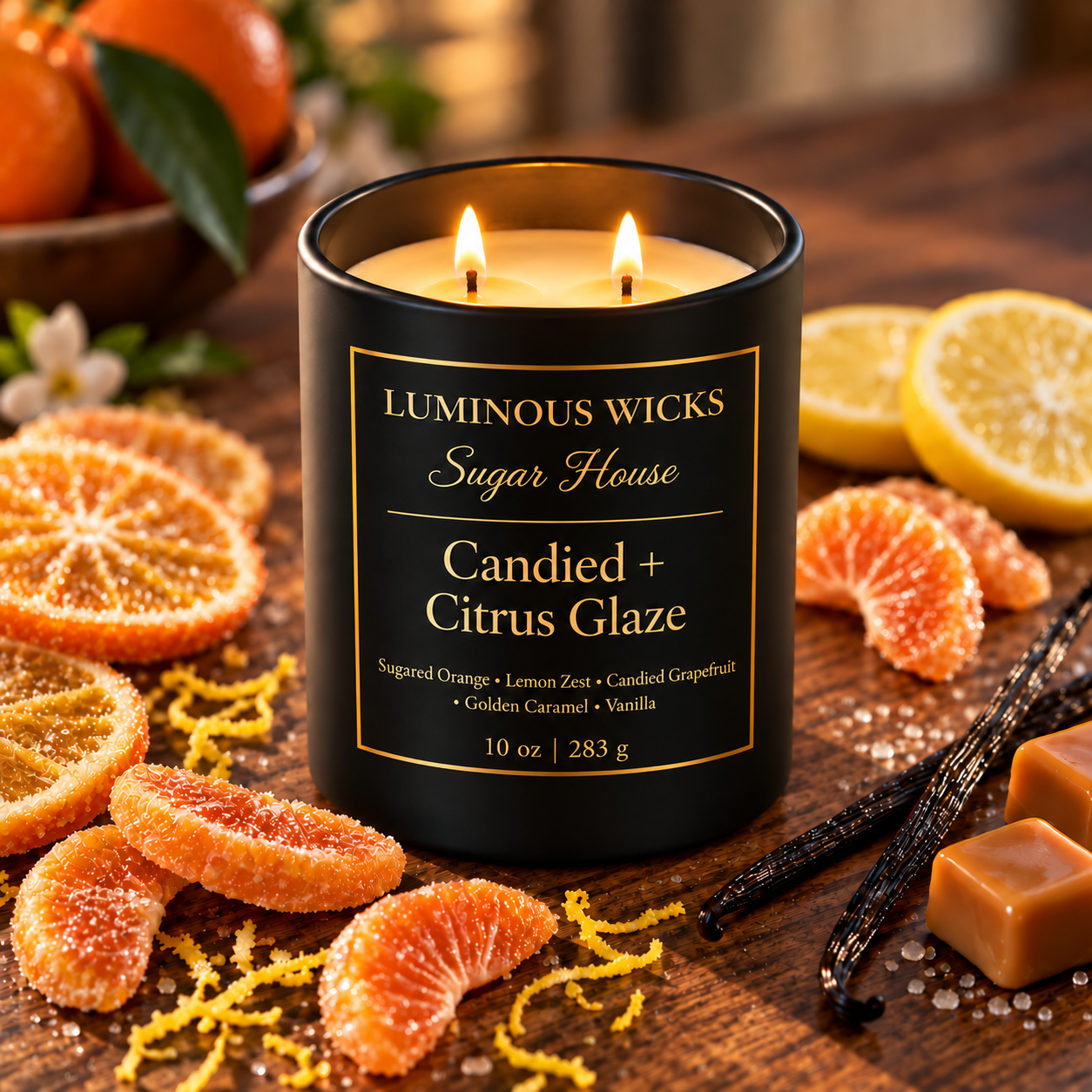 Luminous Wicks Candied Citrus Glaze 10 oz luxury candle with two lit wicks