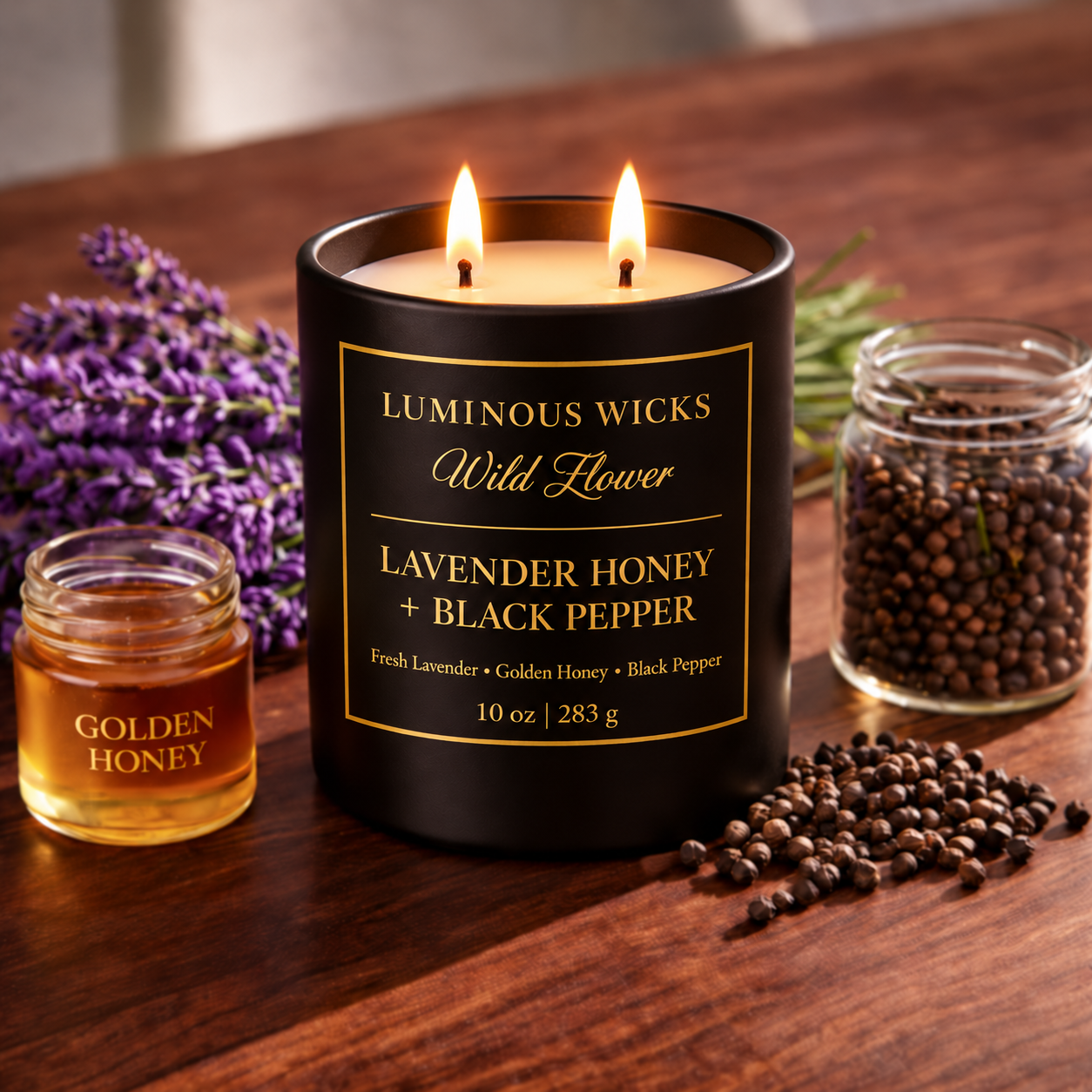 Luminous Wicks Lavender Honey & Black Pepper 10oz Candle with two lit wicks