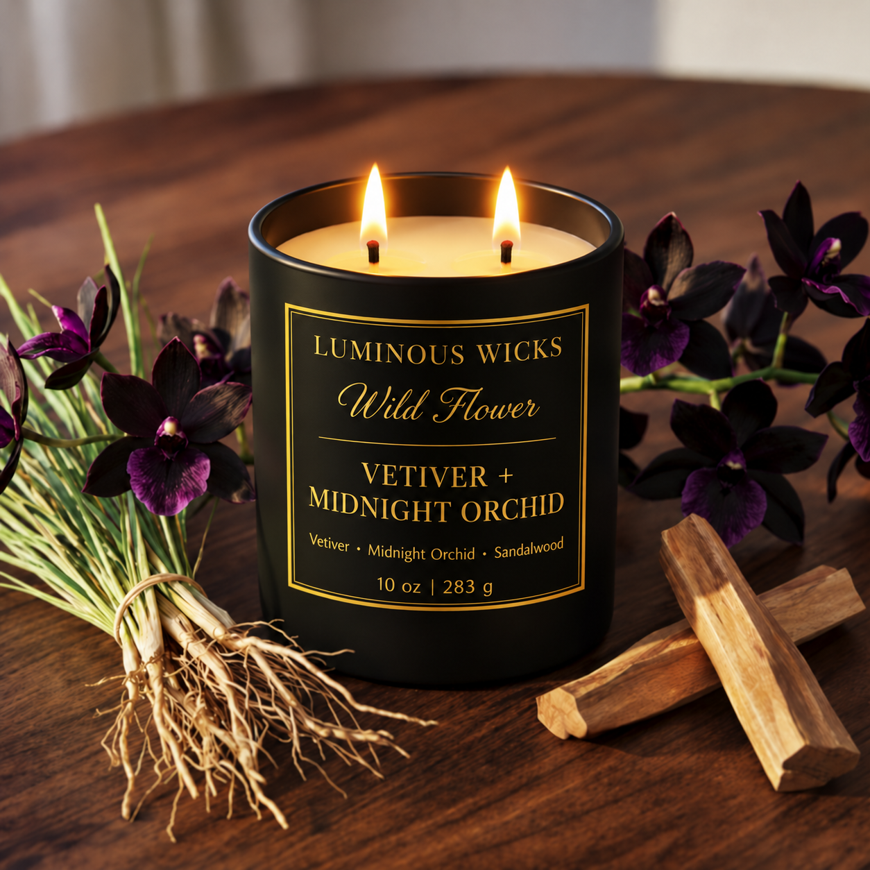 Luminous Wicks Vetiver & Midnight Orchid 10oz Candle with two lit wicks