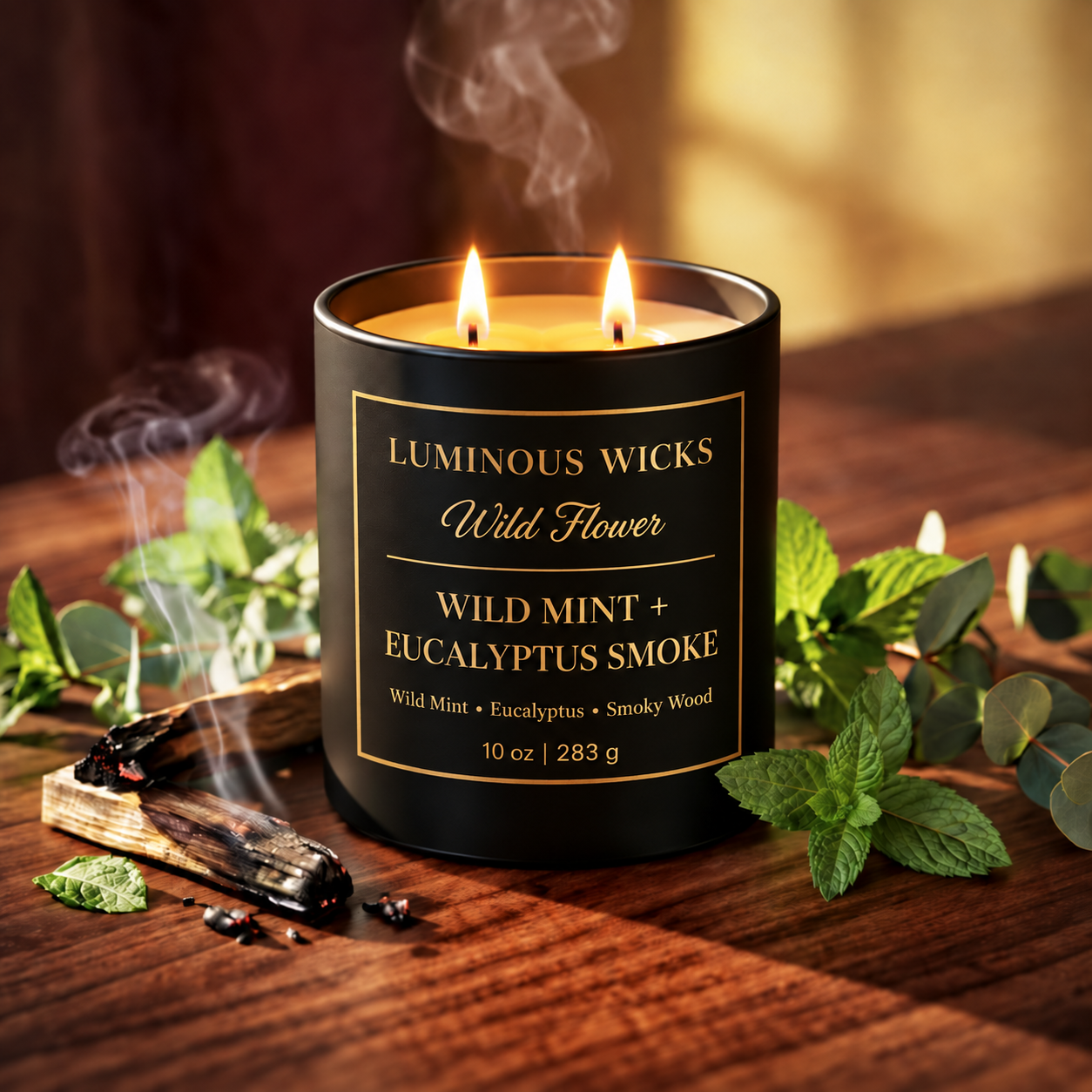 Luminous Wicks Wild Mint & Eucalyptus Smoke 10oz Candle with two lit wicks