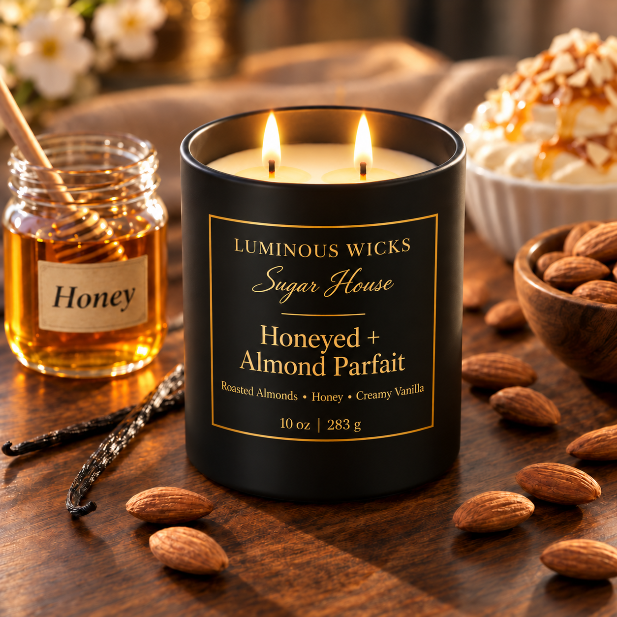 Luminous Wicks Honeyed Almond Parfait 10 oz candle with two lit wicks