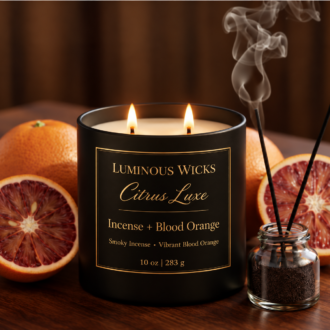 Luminous Wicks Incense & Blood Orange 10 oz candle with two lit wicks