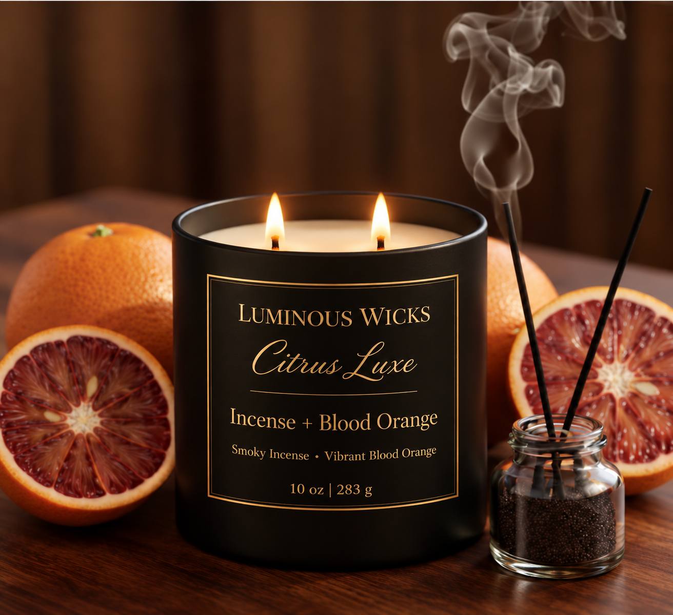 Luminous Wicks Incense & Blood Orange 10 oz candle with two lit wicks