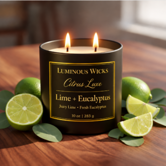 Luminous Wicks Lime + Eucalyptus 10 oz candle with two lit wicks