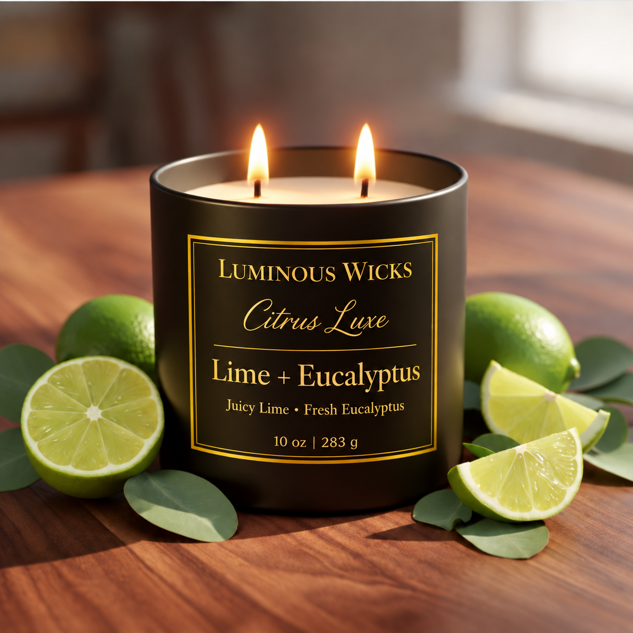 Luminous Wicks Lime + Eucalyptus 10 oz candle with two lit wicks