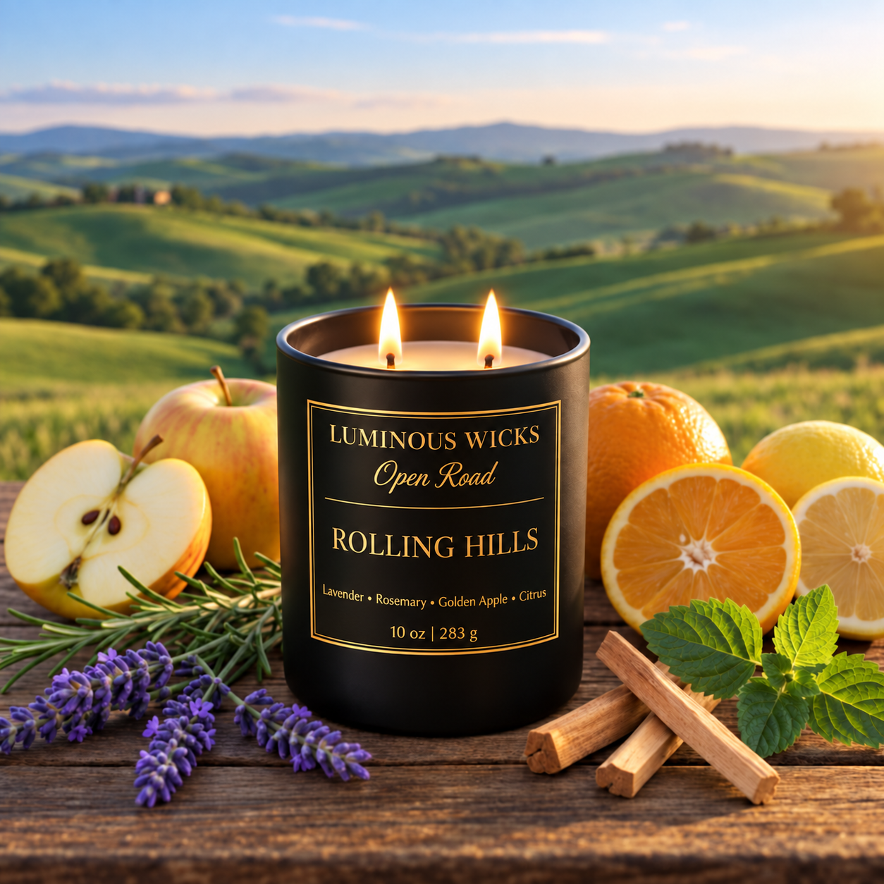 Luminous Wicks Rolling Hills 10 oz candle with two lit wicks