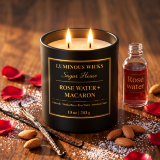 Luminous Wicks Rosewater Macaron 10 oz candle with two lit wicks in a matte black jar