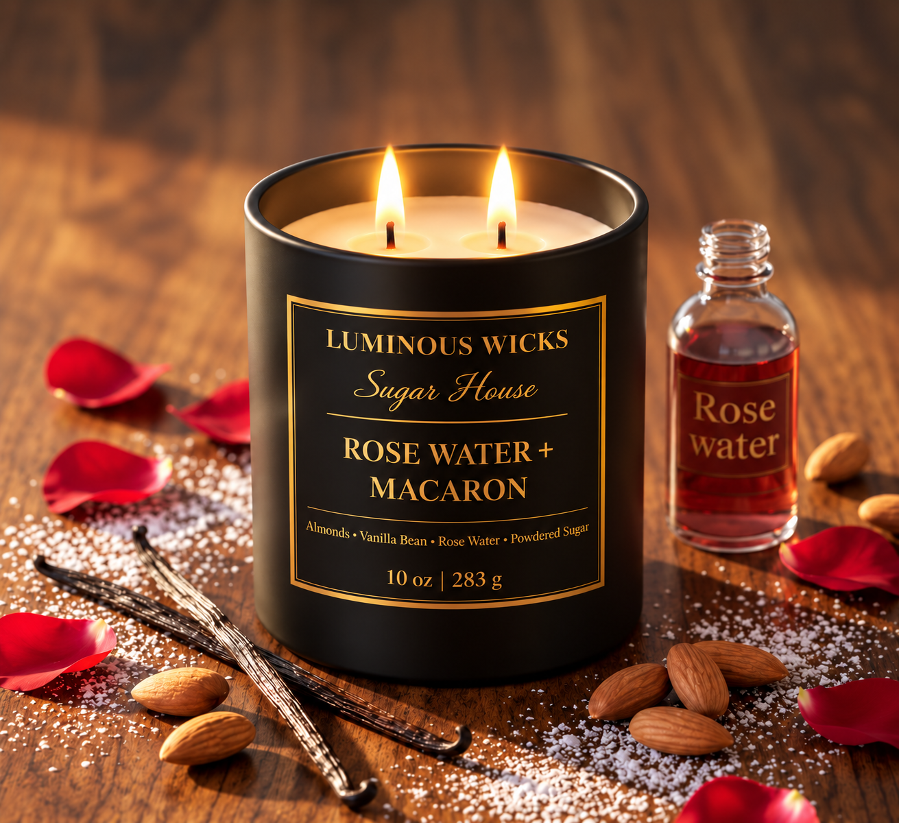 Luminous Wicks Rosewater Macaron 10 oz candle with two lit wicks in a matte black jar