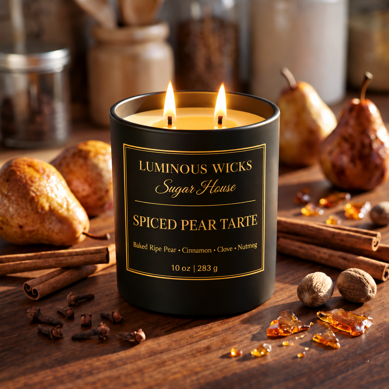 Luminous Wicks Spiced Pear Tarte 10 oz candle with two lit wicks in a matte black jar