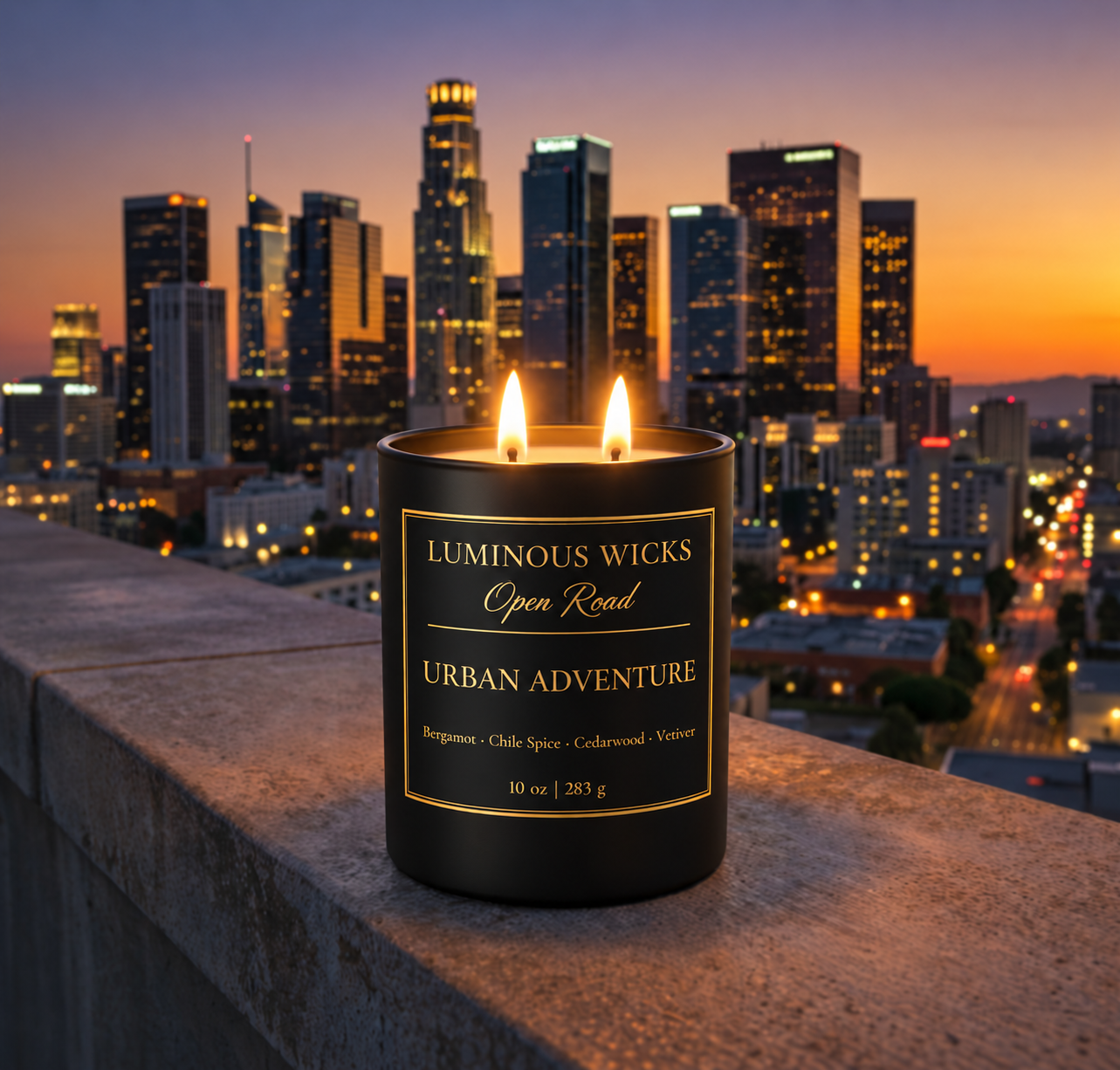 Luminous Wicks Urban Adventure 10 oz candle with two lit wicks