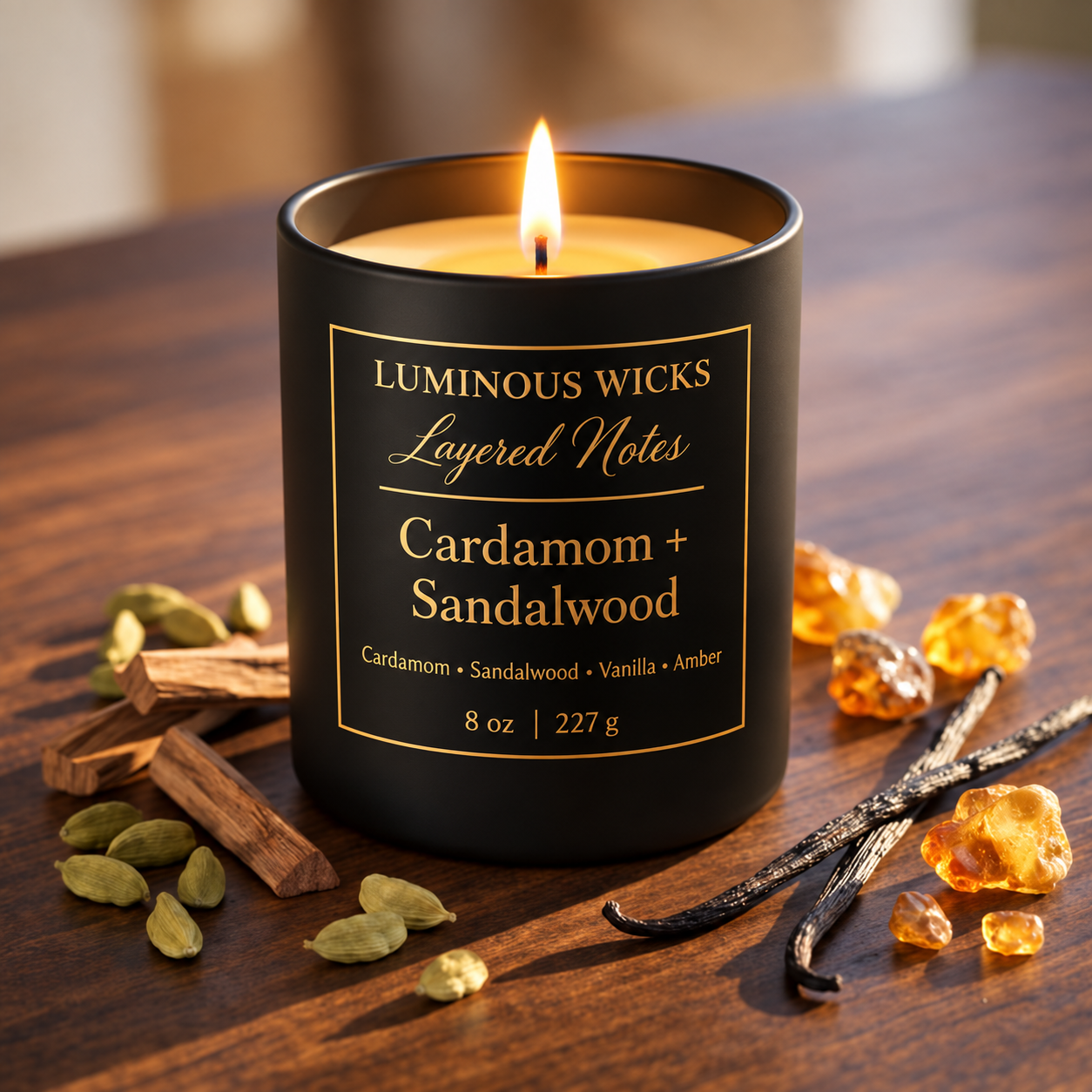 "Luminous Wicks Cardamom Sandalwood Luxury Candle 8oz"