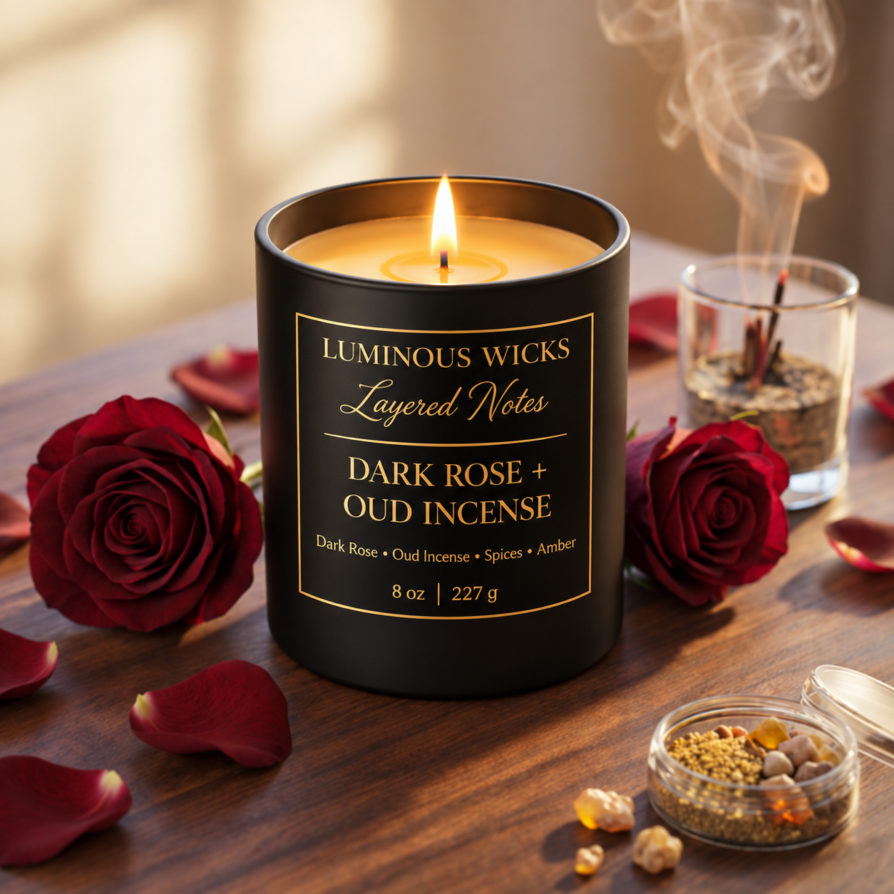 Luminous Wicks Dark Rose Oud Incense 8oz Luxury Candle