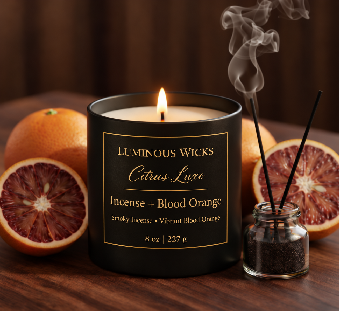 Luminous Wicks Incense & Blood Orange 8oz Luxury Candle
