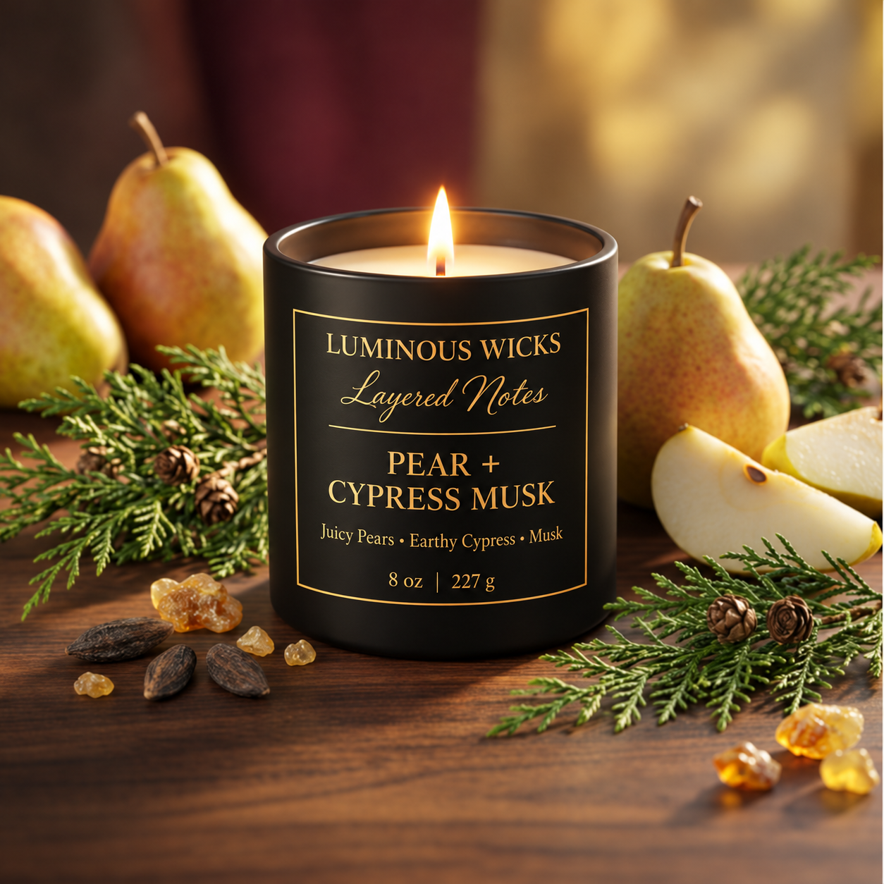 Luminous Wicks Pear Cypress Musk Luxury 8oz Candle