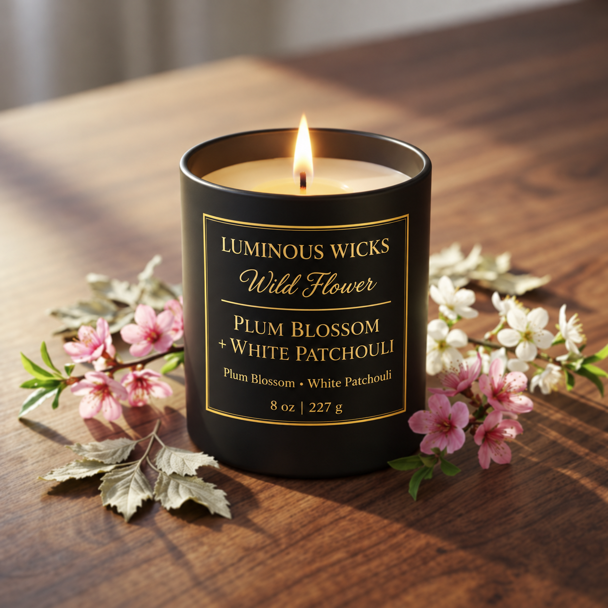 Luminous Wicks Plum Blossom & White Patchouli 8oz Luxury Candle