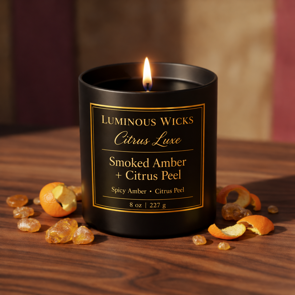 Luminous Wicks Smoked Amber & Citrus Peel 8oz Luxury Candle