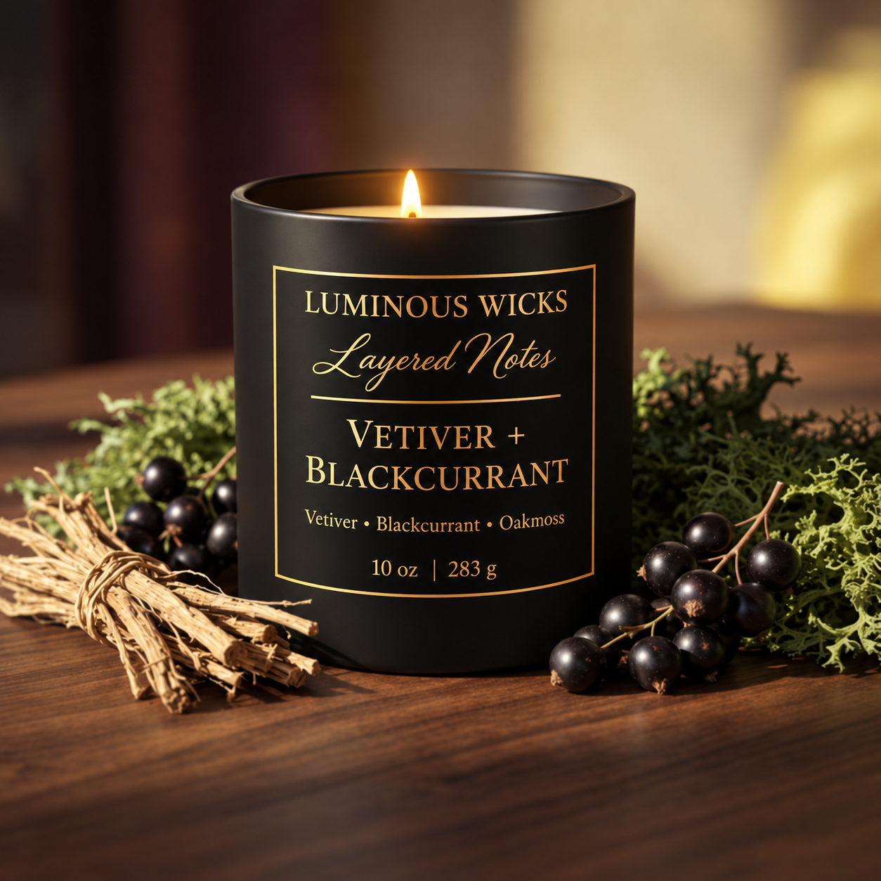 "Luminous Wicks Vetiver Blackcurrant 8oz Luxury Candle"