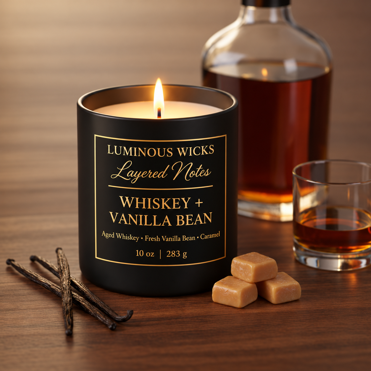 Luminous Wicks Whiskey Vanilla Bean 8oz Luxury Candle