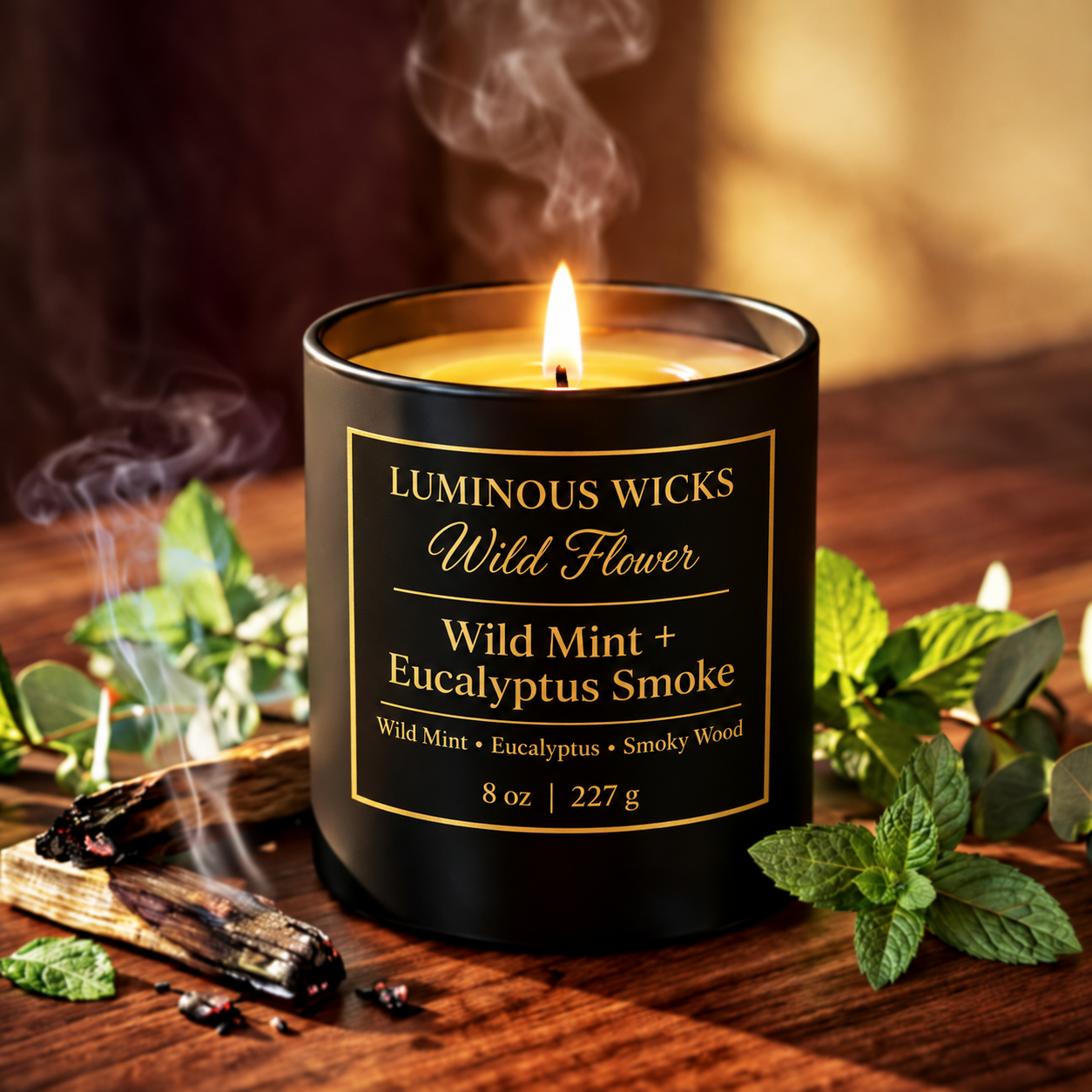Luminous Wicks Wild Mint & Eucalyptus Smoke 8oz Luxury Candle
