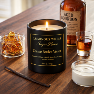 Luminous Wicks Crème Brûlée Velvet 8 oz Candle in a matte black jar