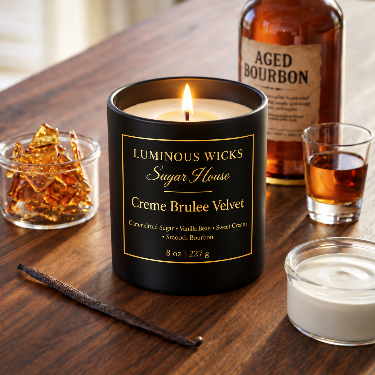 Luminous Wicks Crème Brûlée Velvet 8 oz Candle in a matte black jar