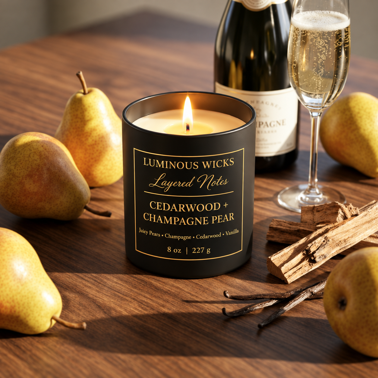 Luminous Wicks Cedarwood  Champagne Pear 8oz Luxury Candle