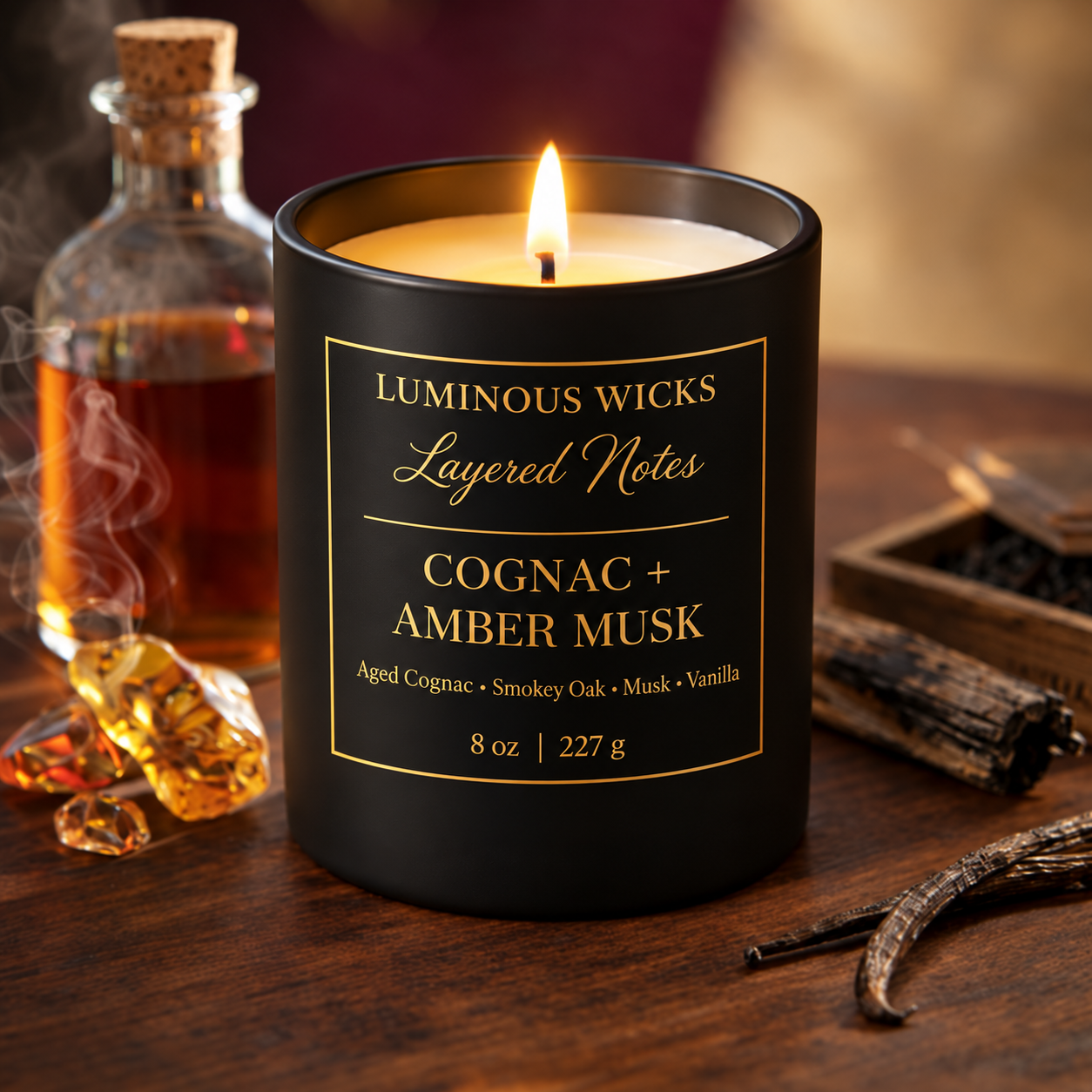 luminous wicks cognac amber musk 8oz luxury candle