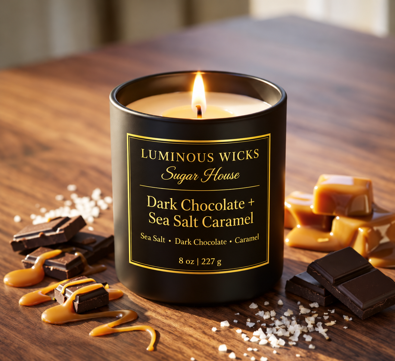 Luminous Wicks Dark Chocolate & Sea Salt Caramel 8 oz Candle in a matte black jar