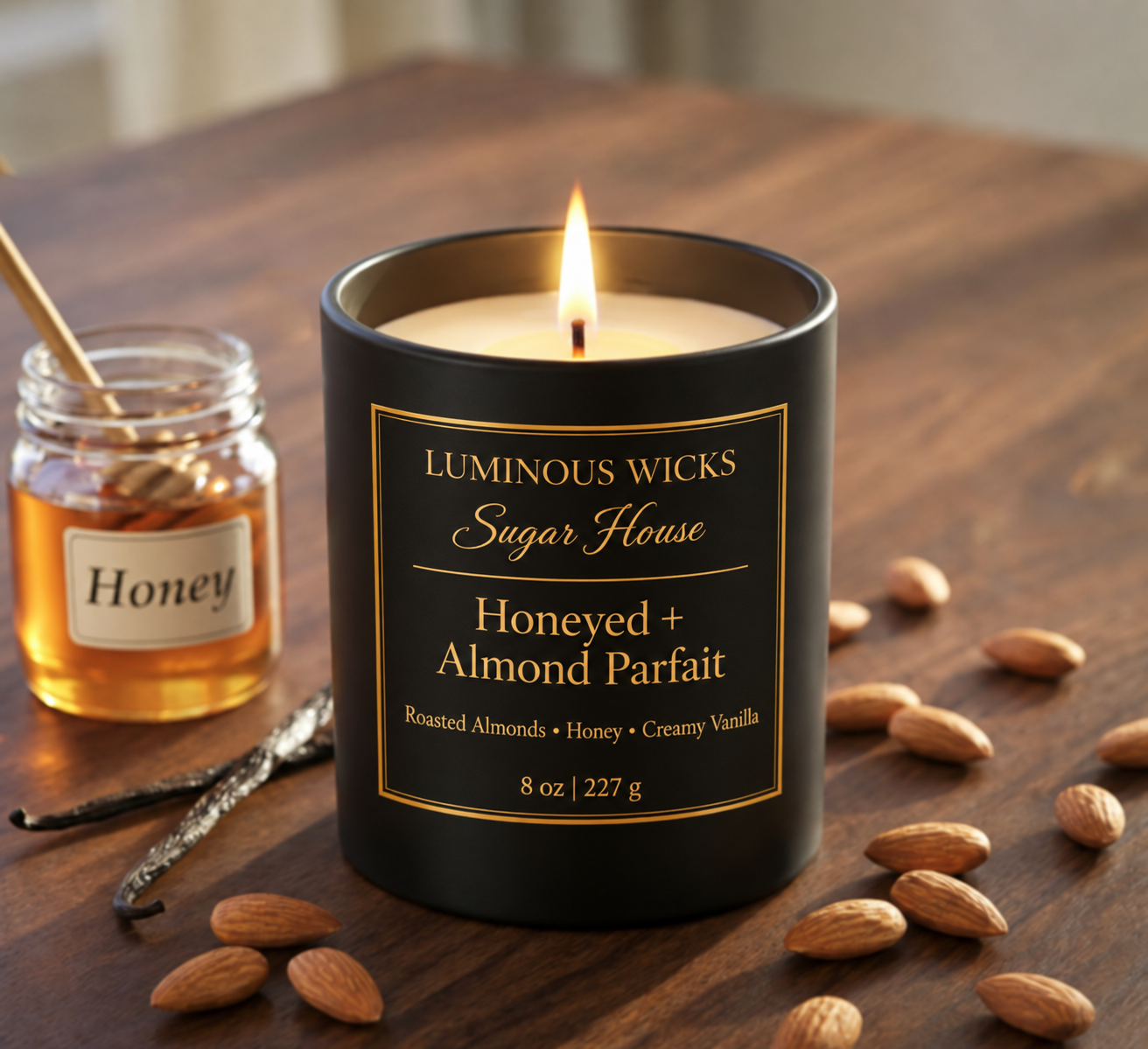 Luminous Wicks Honeyed Almond Parfait 8 oz Candle in a matte black jar