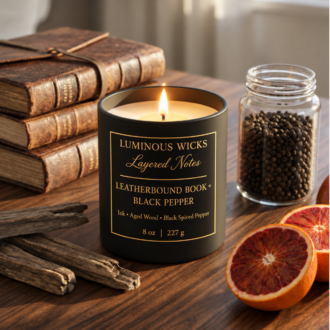 luminous wicks leatherbound book black pepper 8oz candle