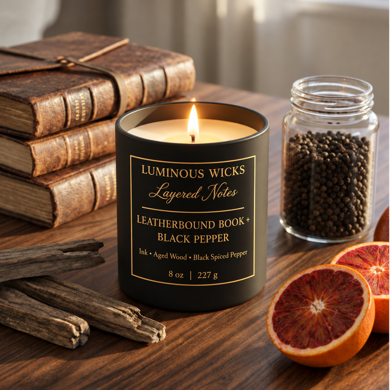 luminous wicks leatherbound book black pepper 8oz candle