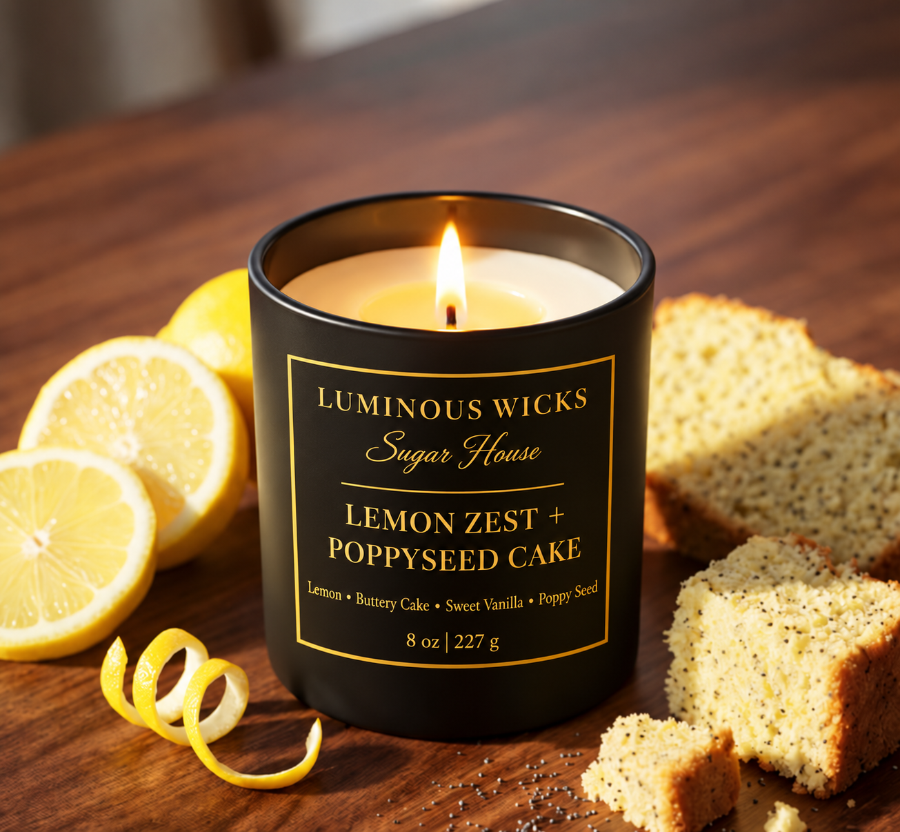 Luminous Wicks Lemon Zest & Poppyseed Cake 8 oz Candle in a matte black jar